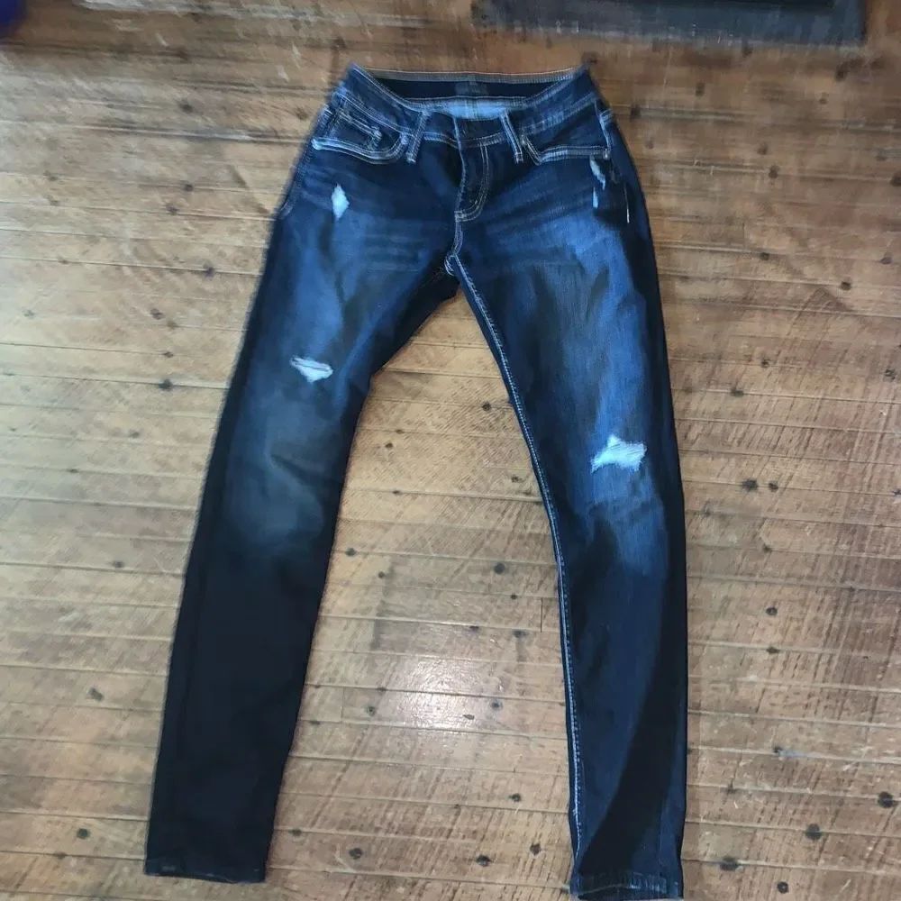 Silver western distressed dark wash normcore skinny jeans